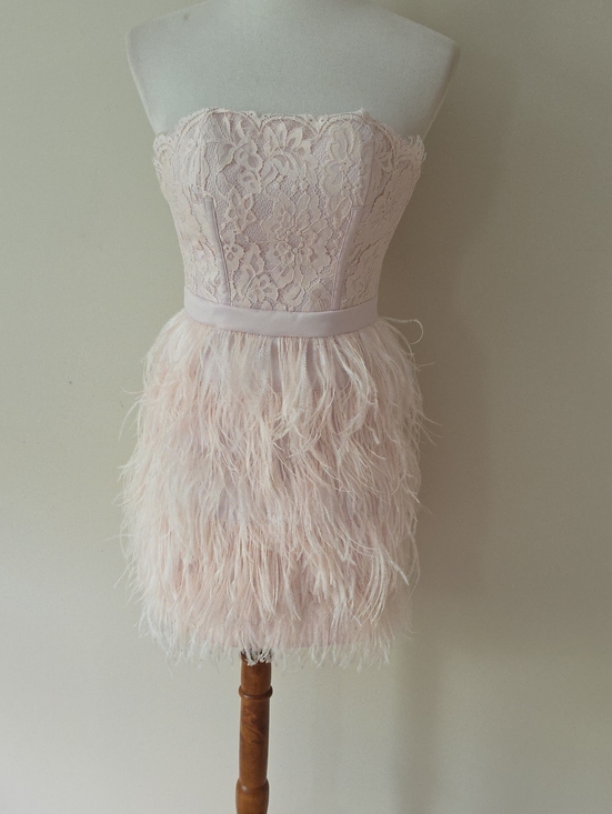 bebe Dresses & Skirts - Bebe Strapless Blush Lace & Feather Cocktail Dress